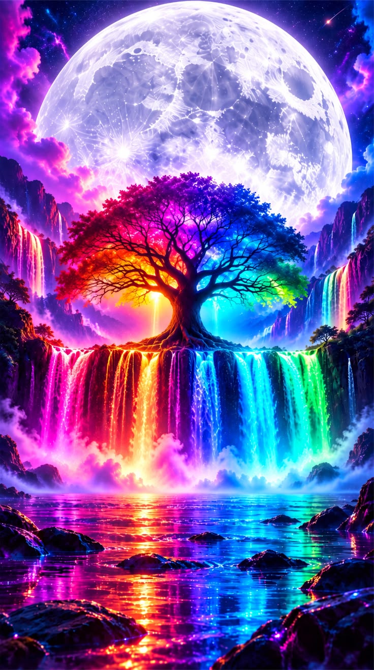 Neon waterfall falling beneath a moon representing sample rate and the resolution of resampled audio