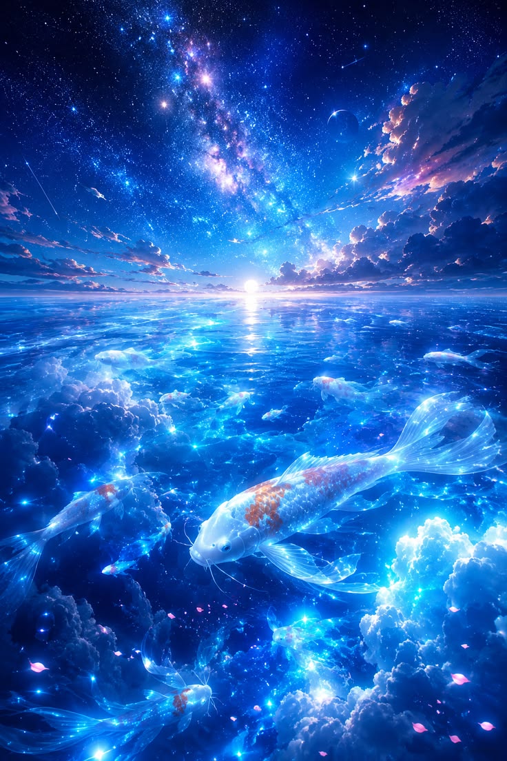 Cosmic ocean and koi imagery representing the frequency ratios that underlie harmonic relationships